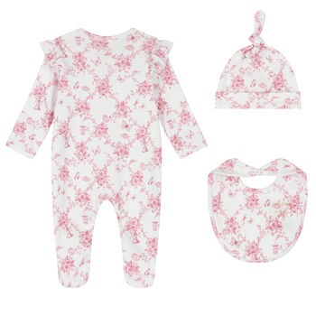 Baby Girls White & Pink Floral & Butterflies Babygrow Set